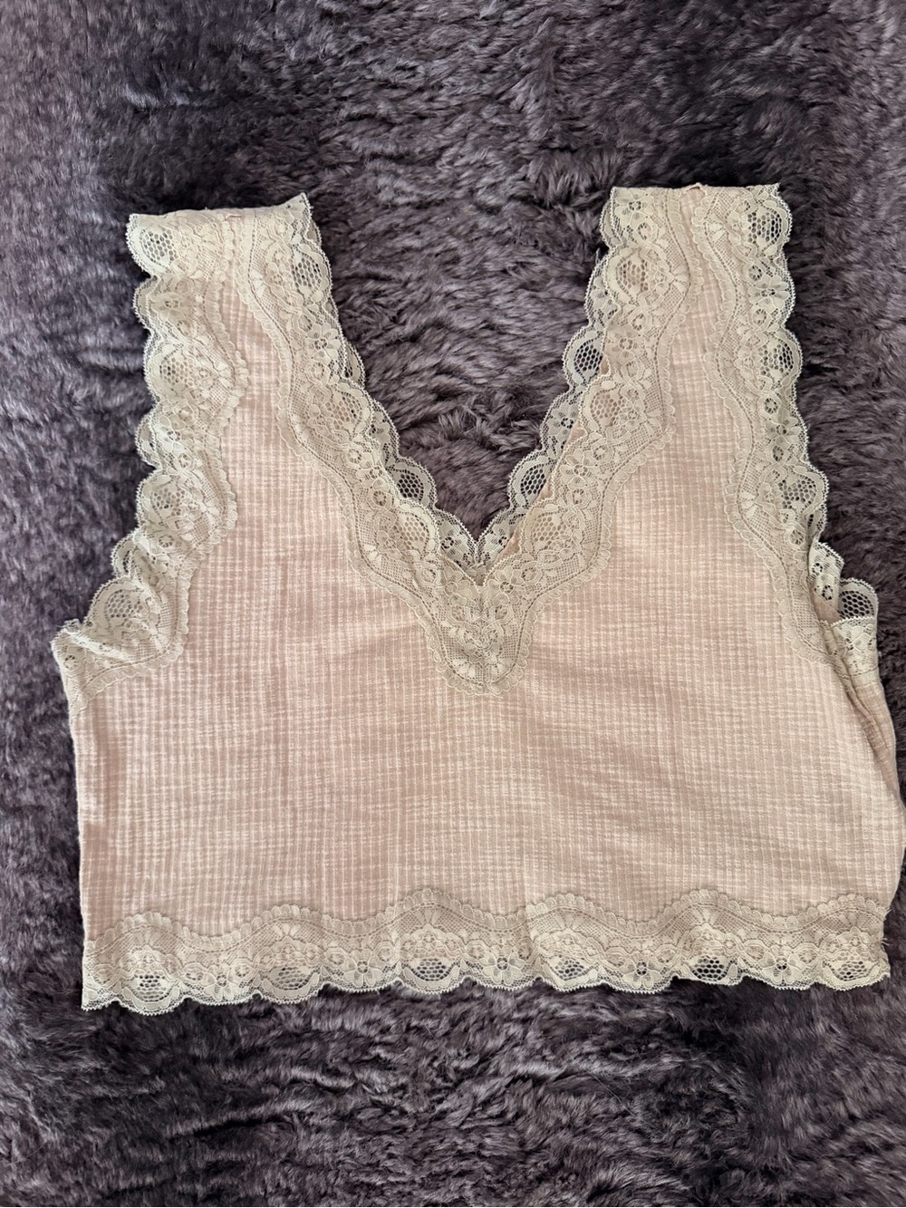 Lace Trim Ribbed Bralette - Light Tan